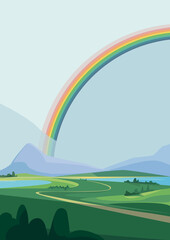 Wall Mural - Landscape with mountains and rainbow. Natural scenery in vertical orientation.