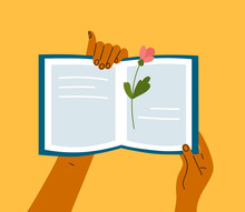 Reading Book Vector Illustration. Summer Time Relaxing, Spending Leisure. Human Hands Holding Open Book With Flower Bookmark. Enjoying Pages Of Poetry. Read Books Lover. Literacy Day, Literary Club