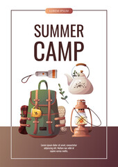 Wall Mural - tourist backpack, kettle, kerosene lamp, torch. camping, traveling, trip, hiking, camper, nature, jo