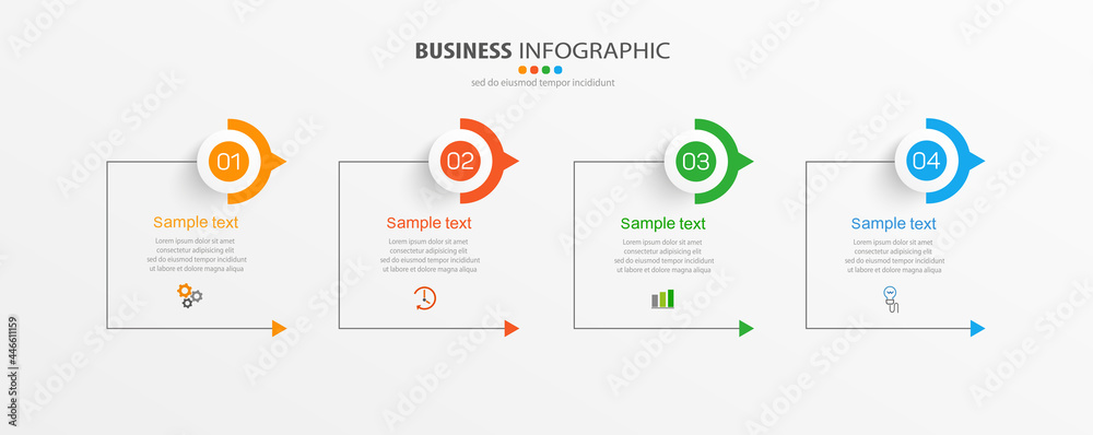 Business infographic design template with 4 options, steps or processes. Can be used for workflow layout, diagram, annual report, web design - obrazy, fototapety, plakaty 