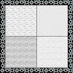 Poster -  scarf pattern design on red. Geometric ornament with frame, border. Bandanna, shawl, scarf, tablecloth design for textile fabric print 