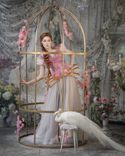 Red-haired Girl In A Golden Cage With A White Peacock On A Stool