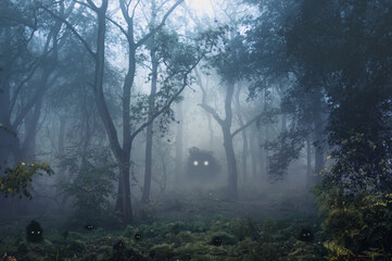 Wall Mural - A creepy, fantasy forest of trees, back lighted with spooky, glowing eyes of creatures in the undergrowth.