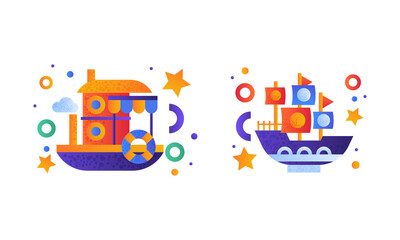 Sticker - Water Transport Set, Steamboat, River Boat Icons Flat Vector Illustration