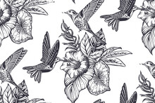 Beautiful Seamless Pattern With Tropical Flowers, Hummingbird, Jungle Palm, Monstera, Exotic Leaves.