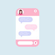 Chat bot dialoge window with woman icon isolated. Pink robot chat online service flat concept. Vector illustration of talk interface with female chatbot robot and message bubbles.