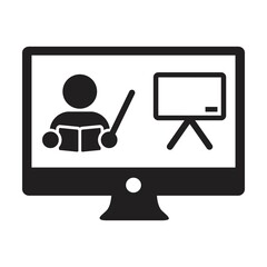 Wall Mural - Online learning icon vector teacher symbol with computer monitor and whiteboard for online education class in a glyph pictogram illustration