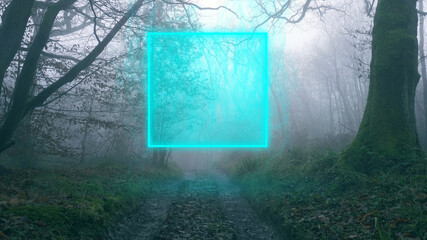 Sticker - A muddy track through a spooky English forest. On a foggy, winters day. With a glowing magical portal.