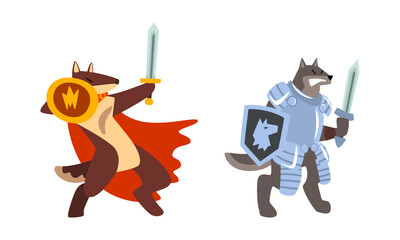 Poster - Warlike Animals Set, Dog Knights Fighting with Sword and Shield Cartoon Vector Illustration