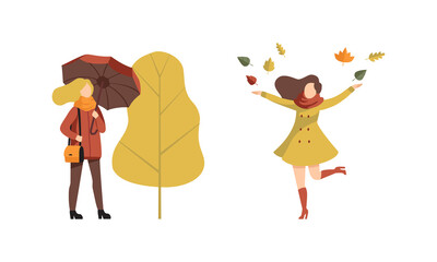 Sticker - Autumn Time Outdoor Activities Set, Young Women Walking with Umbrella, Throwing Leaves Up Flat Vector Illustration