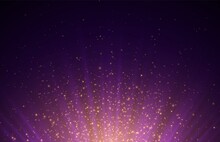 Violet Background With Purple Rays And Glowing Yellow Sparkles. Abstract Backdrop With Light Effects.