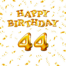 Golden Number Forty Four Metallic Balloon. Happy Birthday Message Made Of Golden Inflatable Balloon. 44 Number Etters On White Background. Fly Gold Ribbons With Confetti. Vector Illustration
