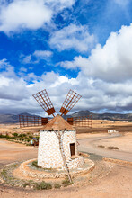 High Angle View Of Traditional Old Windmill During A Sunny Day, Tefia, Fuerteventura, Canary Islands, Spain
