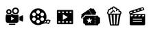 Cinema Icons Set. Collection Icon: Popcorn Box, Movie, Clapper Board, Film, Movie, Tv, Video And Other. Flat Style - Stock Vector.
