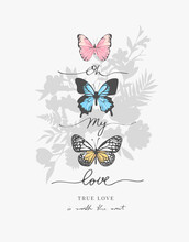 Love Calligraphy Slogan On Flowers Bouquet Silhouette Background Vector Illustration