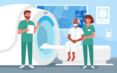 Mri scanning diagnostic procedure for senior people in hospital vector illustration. Cartoon old man patient character on doctor mri scanner appointment, digital technology in medicine background