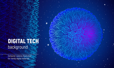 Aufkleber - Wireframe sphere in technology background or presentation template. Abstract 3D grid element in science themed illustration.