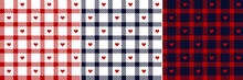 Tartan Plaid Pattern Herringbone For Valentine's Day In Red, White, Navy Blue. Seamless Vichy Check With Pixel Hearts In Pink, Grey, Beige, White For Modern Spring Summer Autumn Winter Fashion Design.