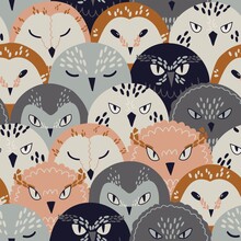 Seamless Pattern With Doodle Abstract Cute Owls In Modern Colors. Illustration Isolated On White Background. Design For Fabric, Baby Textile, Wallpaper, Packaging, Background.