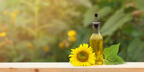 Natural product concept. A glass bottle of sunflower oil with a sunflower flower stands on a wooden table against the background of a field of sunflowers. Banner. Horizontal format. Copyspace