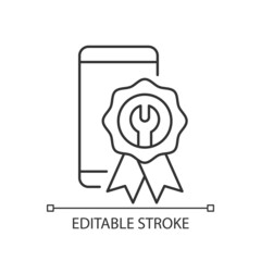 Sticker - Certified repairs linear icon. Smartphone authorized renovate. Official service. Thin line customizable illustration. Contour symbol. Vector isolated outline drawing. Editable stroke