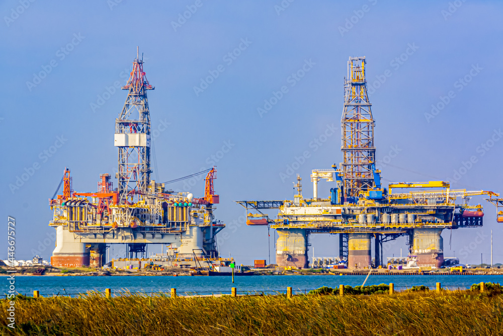 Two offshore oil rigs in dry dock at Port Aransas, Texas. Stock Photo ...