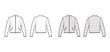 Down puffer coat jacket technical fashion illustration with long sleeves, stand collar, hip length, classic quilting. Flat template front, back, white, grey color style. Women, men, unisex top mockup