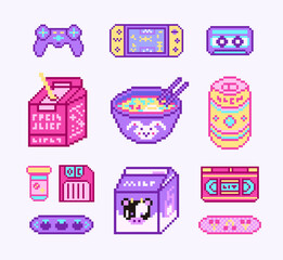 Wall Mural - Pixel art 8 bit objects. Retro digital game assets. Set of Pink fashion icons. Vintage girly stickers. Arcade Computer video. Characters dinosaur pony rainbow.