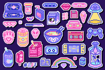 Fototapete - Pixel art 8 bit objects. Retro digital game assets. Set of Pink fashion icons. Vintage girly stickers. Arcade Computer video. Characters dinosaur pony rainbow.