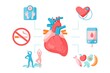 Heart disease and atherosclerosis prevention infographics. Healthy lifestyle concept. Vector flat illustration. Prevention cardiovascular problem. Weight scale, heart, exercise, food, diabetes control