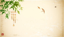Bamboo Wind Chime Hanging On Green Bamboo Tree And Swallows In The Sky. Traditional Oriental Ink Painting Sumi-e, U-sin, Go-hua On Vintage Background. Hieroglyph - Zen
