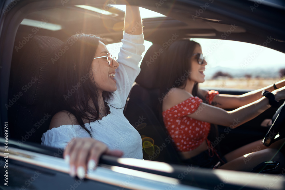 Pretty young women singing while driving a car on road trip on beautiful summer day. - obrazy, fototapety, plakaty 