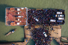 Aerial View Of People Waiting For The Ferry At Mawa Ferry During Covid Pandemic Restrictions, Munshiganj, Bangladesh.