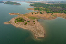 Aerial View Of A Lagoon Shoreline At Tilaya Dam Reservoir In Poraia, Jharkhand, India.