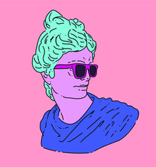 Wall Mural - Apollo Belvedere wearing sunglasses. Vector illustration in vaporwave pop art style.