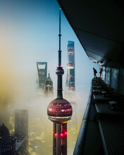 Aerial View Of Skyscrapers In Fog And Self Portrait In Shanghai, China.