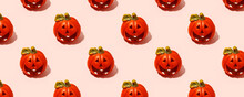 Ceramic Jack-o-lantern Candlestick On Pink. Seamless Pattern. Halloween Concept, Hard Shadow, Banner, Printshop, Flyer For Seasonal Party With Copy Space