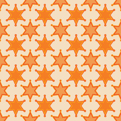 Wall Mural - Western star seamless vector pattern. Yellow and orange Sheriff badge 6 point star graphic, repeating design. Wild west, rodeo, country, vintage, cowboy, cowgirl theme background texture art print.