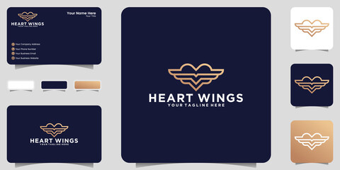 Wall Mural - heart and wings logo in luxury line art style and business card inspiration