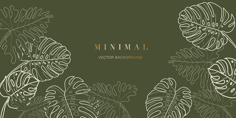 Minimal tropical leaves background vector. Botanical and jungle leaves line art summer exotic concept with copy space design for wallpaper poster, cover, invitation card background.