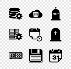 Poster - Set Setting database server, Cloud, Tombstone with RIP written, Retro flip clock, Floppy disk and Calendar icon. Vector