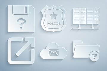 Wall Mural - Set Cloud mail server, Server, Data, Web Hosting, Open new window, Unknown directory, Police badge and document icon. Vector