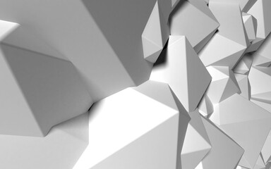 Poster - Abstract background with white 3D shapes flying in the light as a messy array or chaotic structure for any pastel backdrop. 3D illustration.