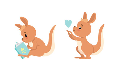 Wall Mural - Cute Baby Kangaroo Reading Book and Holding Heart Vector Set