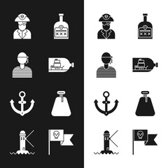 Poster - Set Bottle with ship inside, Sailor captain, Pirate, Alcohol drink Rum bottle, Anchor, sack, flag skull and Lighthouse icon. Vector