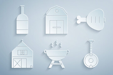 Sticker - Set Barbecue grill, Chicken leg, Farm House, Banjo, and Beer bottle icon. Vector