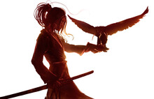 A Beautiful Young Asian Samurai Girl With Long Hair Stands In Profile Holding One Hand On A Katana And The Other In A Protective Glove Stretched Out In Front Of Her, A Steppe Falcon Sits On It. 2d 