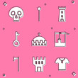 Set Skull, Medieval chained mace ball, Castle tower, Old key, King crown, Well with bucket, axe and icon. Vector