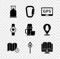 Canvas Print - Set Camping gas stove, Carabiner, Gps device with map, Location of the forest on, Burning match fire, monitor, Smart watch showing heart beat rate and Thermos container and cup icon. Vector