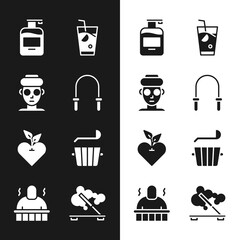 Wall Mural - Set Jump rope, Facial cosmetic mask, Bottle of liquid soap, Fresh smoothie, Heart, Sauna bucket and ladle, Scented spa stick and procedures icon. Vector